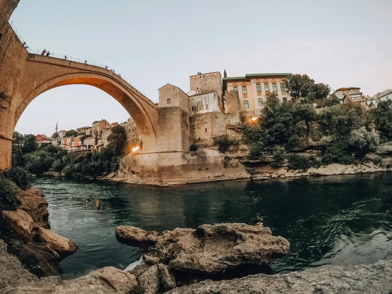 The arched Stari Most (Old Bridge) over the turquoise Neretva River in Mostar